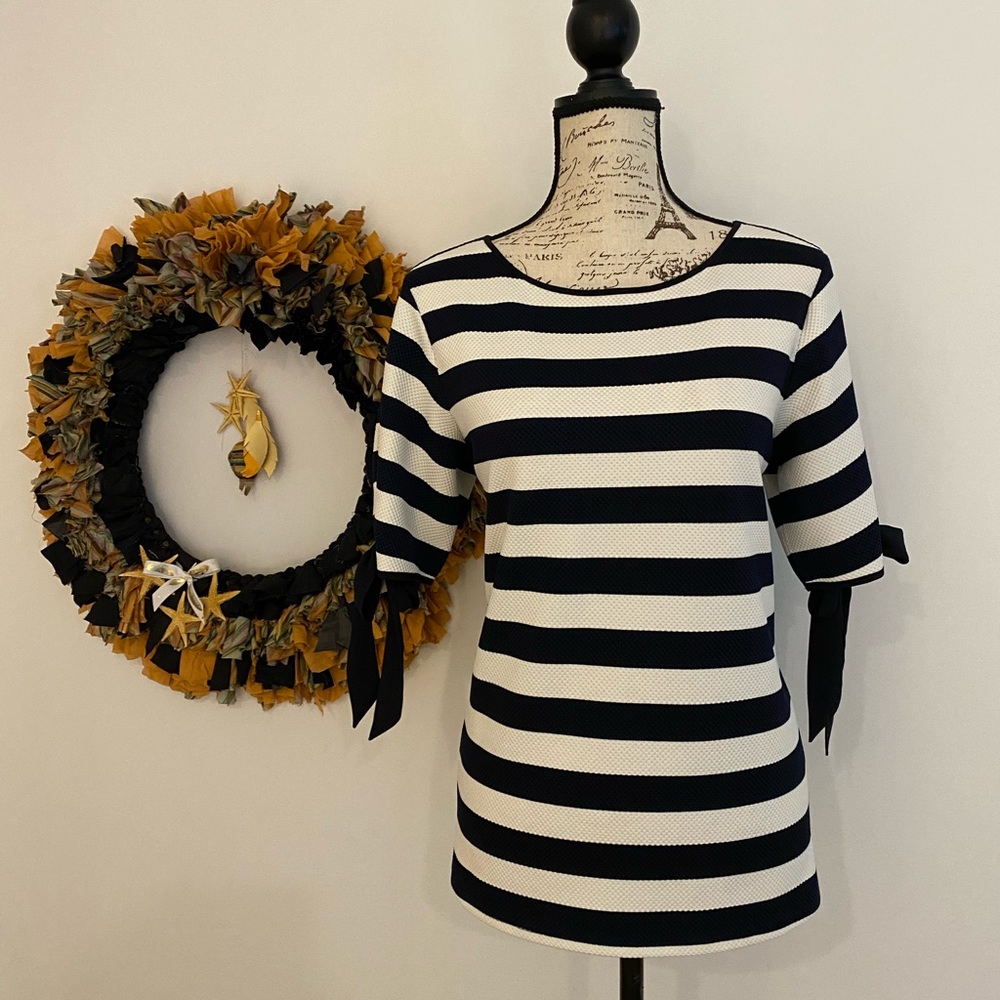 The Limited navy/white striped blouse w ribbon tie